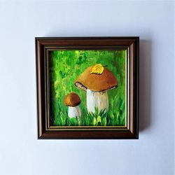 Cute mushroom paintings very small wall art, Mushroom painting acrylic art impasto, Framed wall art