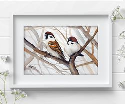 Sparrows original watercolor bird painting birds on a branch art by Anne Gorywine