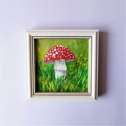 Painting mushroom impasto art small wall decor, Toadstool mushroom drawing framed wall art