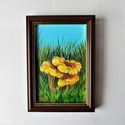Painting mushroom art impasto, Chanterelles small wall decor, Realistic mushroom painting, Framed wall art