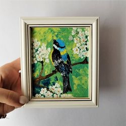Chickadee little bird painting, Small wall decor, Titmouse beautiful bird painting art impasto