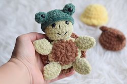 turtle toy with frog hat gift for daughter, turtle party gift ideas, tortoise stress buddy with 3 hats KnittedToysKsu