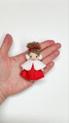 Christmas miniature doll, Christmas brooch, Festive colors doll, Baby brooch