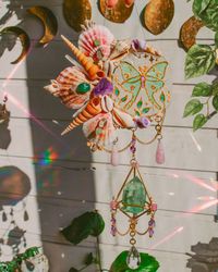 Mini Lunar Moth Mermaid Suncatcher - Bohemian wall hanging with shells and crystals