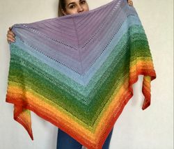 Rainbow hand knitted triangular scarf - Unique gift for a Pride month