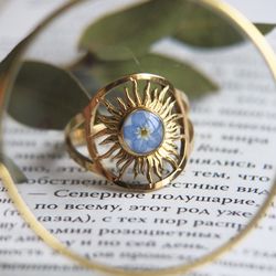 Adjustable sun ring, Pressed forget me not flower resizable ring, Gold stainless steel ring