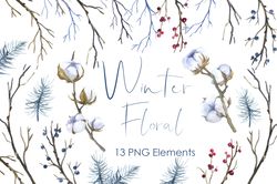Watercolor Christmas Winter Florals Clipart. Merry Christmas. Watercolor Christmas Winter Florals Clipart png