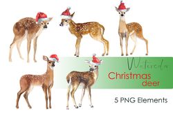 Watercolor christmas clipart. Woodland animal deer clipart. Hand drawn cute clipart forest themed with baby deers