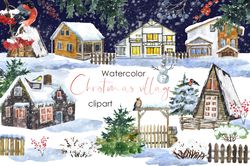 Watercolor holiday village clipart. Hand drawn cute clipart with cottage and christmas collection.Winter wonderland png
