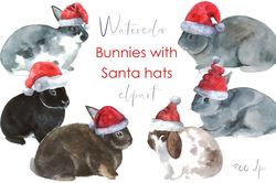 Christmas watercolor bunny Clipart. Hand drawn cute clipart christmas-themed with bunnies on a transparent background.
