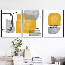 Abstract Modern Art Yellow Gray Wall Art Instant Download Set Of 3 Prints Shapes Poster Abstract Triptych Large Prints