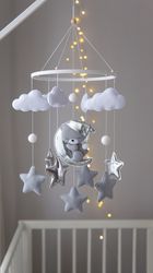Silver and grey bear mobile. Nursery crib decor. Baby shower gift