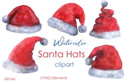 Watercolor-holiday-christmas-clipart-Santa-art-hat-png-Hand drawn cute clipart christmas-themed-with-santa-hats