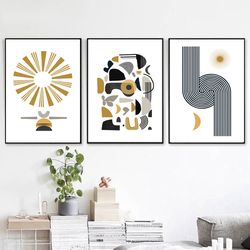 Mid Centure Print Set Of 3 Prints Abstract Poster Yellow Black Wall Art Instant Download Modern Pictures Large Triptych