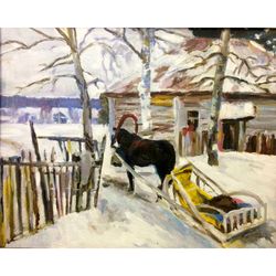 Winter landscape painting, Old Russian village canvas wall art, Impressionism Oil Painting, Original Artwork