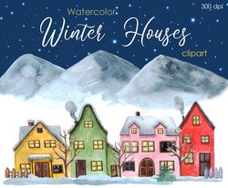 Watercolor-Holiday-Clipart-Christmas-village-clipart-png-cute-clipart-christmas-themed-with-houses-christmas-trees