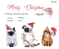 Christmas watercolor Clipart. Christmas animals png. Hand drawn cute clipart christmas-themed