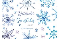 Snow White Clipart. Watercolor Snowflake clipart. Watercolor hand drawn winter clipart christmas-themed with blue png