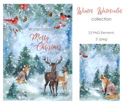 Watercolor Clipart. Watercolor Cute winter collection. Watercolor hand drawn cute winter-themed.