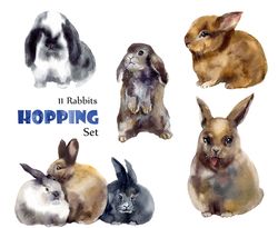 Watercolor Easter Clipart. Digital clipart. Bunny art. Hand drawn cute clipart with rabbits on a transparent background