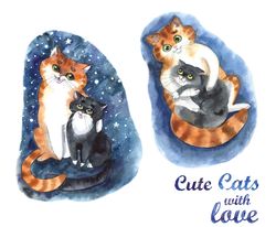 Watercolor Clipart. Cat clipart. Hand drawn illustartion. Hand drawn funny clipart cats on a transparent background