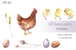 Watercolor Clipart. Farm Clipart. Chickens Clipart. Hand drawn cute clipart farm-themed with hen, baby chickens, eggs