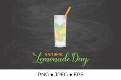 National Lemonade Day calligraphy lettering with glass of refreshing drink
