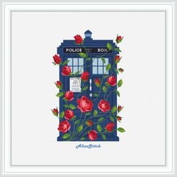 Cross stitch pattern Tardis Police box Doctor Who Roses Flowers Monochrome Dr Who counted cross stitch patterns PDF