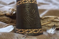 Leather bracer with raven for viking, wide bracelet with celtic ornament, Nordic arm bracer, Elven armor,Norse Mythology