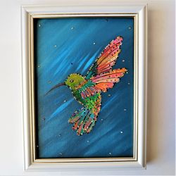 Hummingbird canvas painting, Tropical bird painting small wall decor, Hummingbird canvas wall art