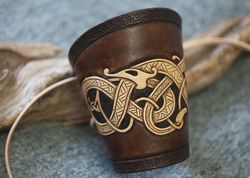 Ouroboros bracelet for Viking Armor, Leather Bracer with Sea Dragon, Nordic bracelet for Viking Costume, Norse serpent