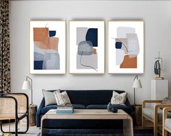 Abstract Shapes Art Set Of 3 Prints Modern Poster Navy Gray Wall Art Instant Download Abstract Triptych Large Prints