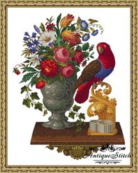 Antique Needlepoint Red Parrot in Flowers Berlin Woolwork Vintage Cross Stitch Pattern PDF Tapestry Flowers