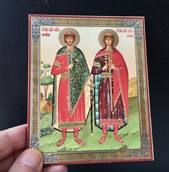 Boris and Gleb - The first Russian saints |  Silver foiled icon lithography mounted on wood | Size: 5 1/4" x 4 1/2"