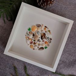 Size: 9.8*9.8 inch (25*25cm) Mosaic shells, sea glass and pebbles in a frame. Shell Wall Art
