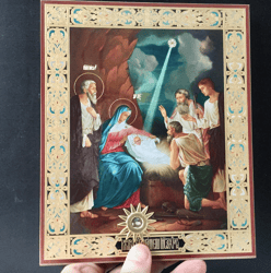 Nativity of Christ, Orthodox Icon with Relic Stone From Holy Land | High quality icon on wood | Size:  8,5" x 7,1"