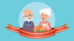Cartoon grandparents with roasted turkey or chicken, traditional holiday meal