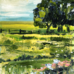 Landscape Field Painting Original Art Trees Artwork Flowers Art Oil Painting 8 by 6