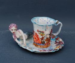 Mermaid figurine Tea cup and saucer set Porcelain art Marine theme Tea set with decor Seashells Decorative tea set