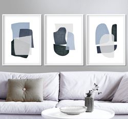 Abstract Set Of 3 Art, Navy Blue Wall Art Modern Artwork, Large Art Triptych Printable Posters, Large Scale Piece Prints