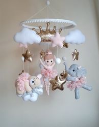 Baby girl nursery mobile with princess, bear, swan, elephant, crown. Baby shower gift. Nursery girl decor.