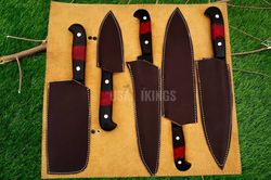Handmade Damascus Black Chef set Of 5pcs With Leather, Damascus Chef Knife Set, Full Kitchen Knife Chef Set,