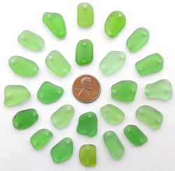 24 GENUINE double drilled sea glass beach surf tumbled jewelry 16-21 mm in length, green
