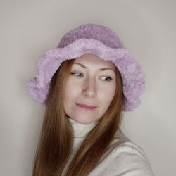 Fuffy bucket hat hand knit Furry bucket hat crochet Warm bucket hat pastel purple for women
