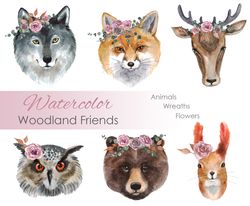 Watercolor Clipart. Animal Wall decor, woodland nursery art. Woodland Friends Clipart. Watercolor Wall decor Nursery art