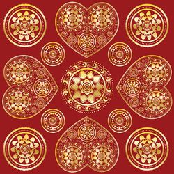 Illustration of abstract golden ornament with hearts on red background