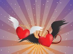 Valentine red hearts with angel wings on background with rays