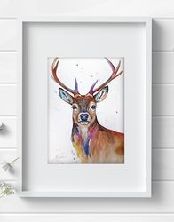Original watercolor painting deer animal elk art home decor by Anne Gorywine