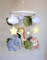 Safari baby crib mobile with lion, elephant, giraffe, zebra. Nursery decor. Baby shower gift.