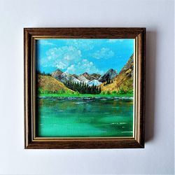 A landscape painting, Mountain lake landscape painting, Green mountain landscape, Mountain impressionist painting